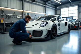 Mécanicien inspectant une Porsche GT3 Cup dans un atelier de préparation motorsport avant revente