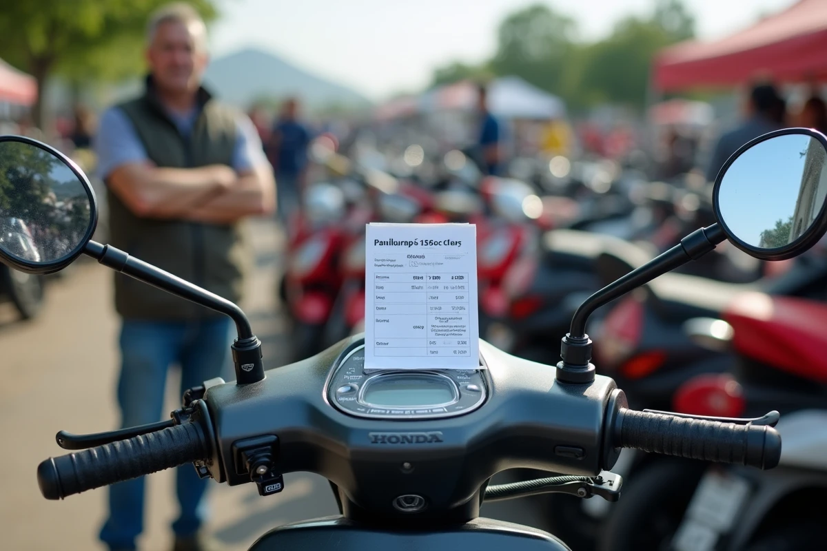 Étiquette de prix sur un scooter Honda 125 en vente dans un marché de l'occasion, bonne affaire moto