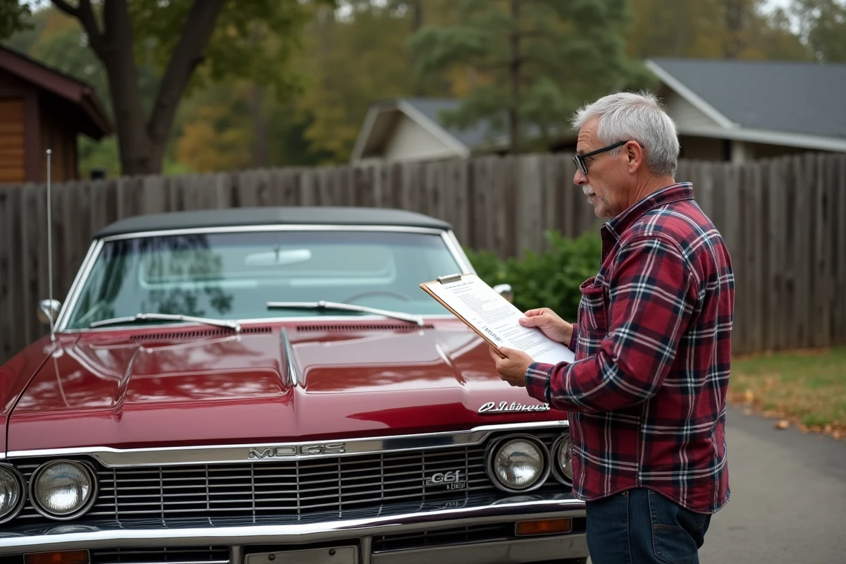 Propriétaire consultant une liste de vérification avant contrôle technique pour sa Chevrolet Impala 4 portes 1967 dans une allée résidentielle