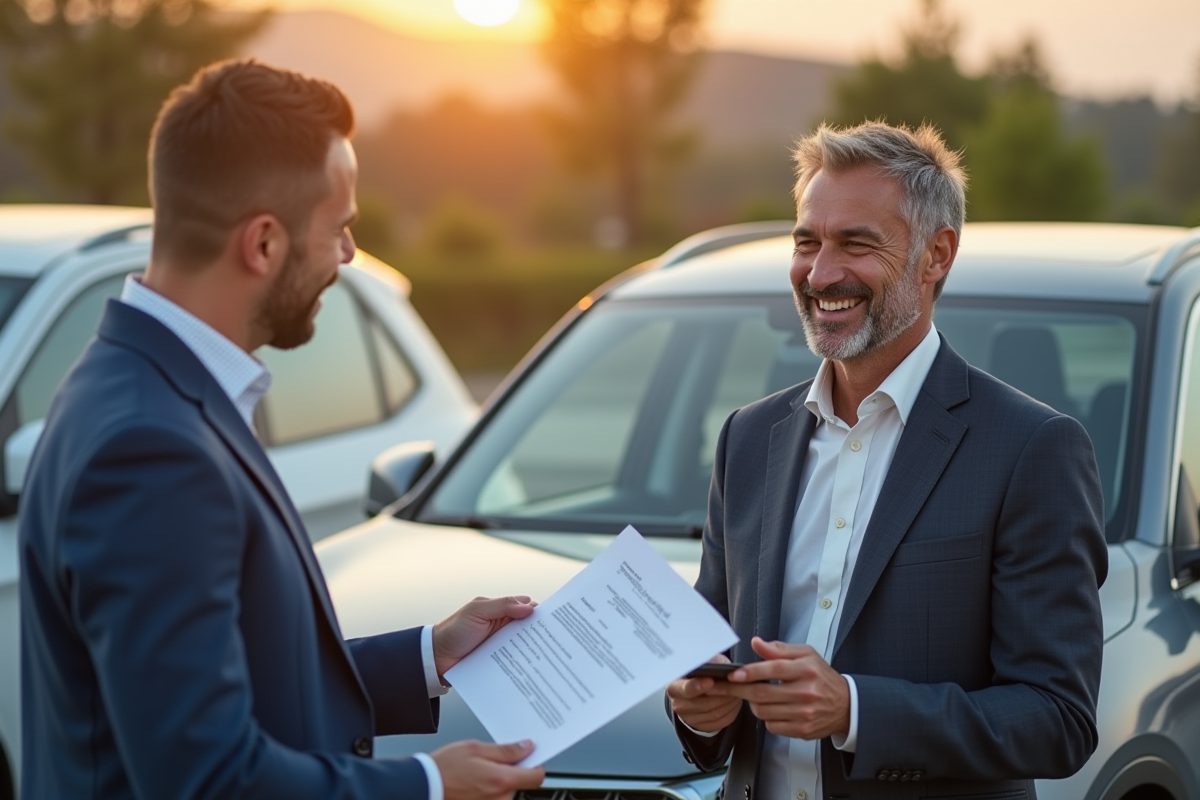 Propriétaire souriant parlant avec un assureur dehors