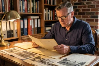 Homme consultant des documents historiques anciens pour retracer l'historique d'une voiture de collection