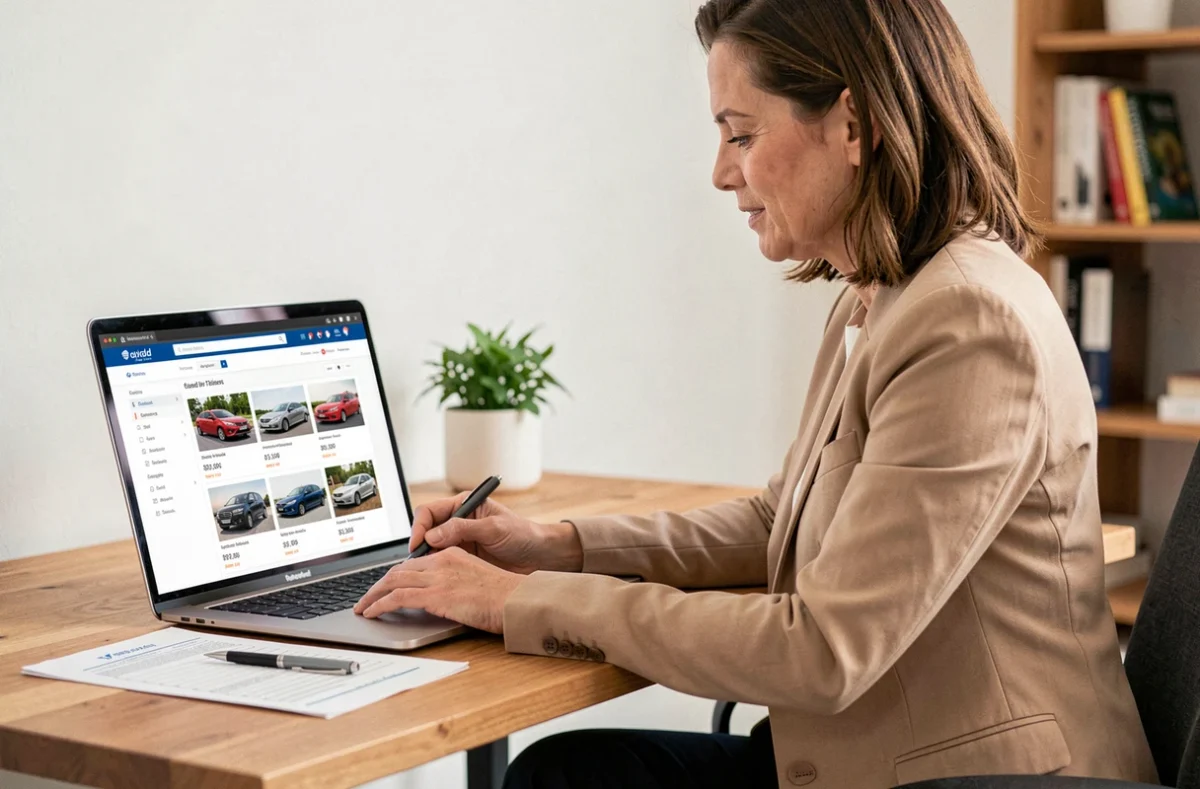 Femme recherchant une voiture d'occasion sur un site internet depuis son bureau, financement et sélection en ligne