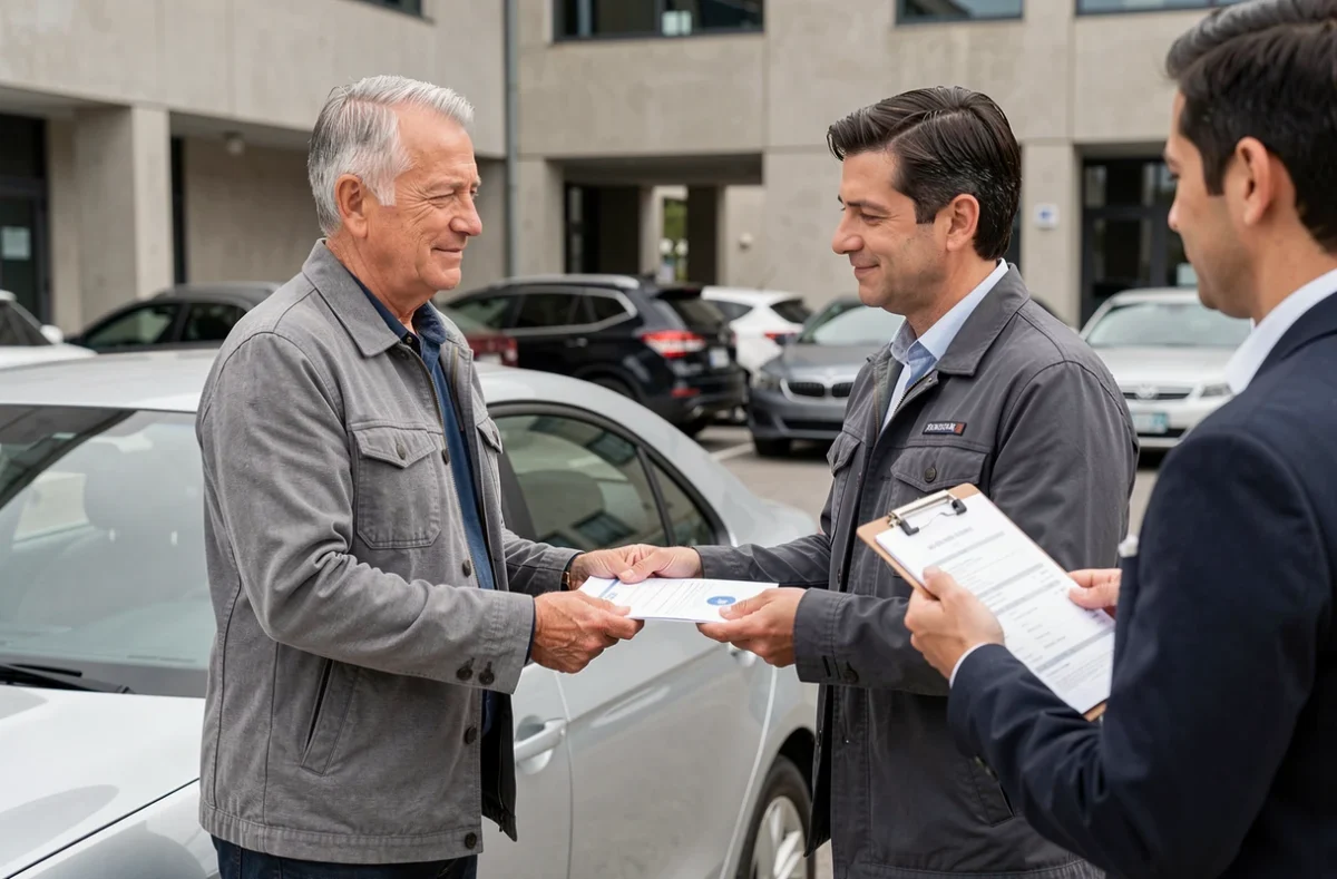 Homme remettant ses documents d'assurance voiture à un agent dans un parking