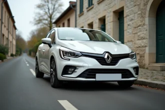 Renault Clio hybride garée dans une rue résidentielle française, vue en angle trois quarts avant