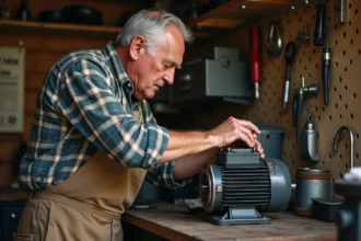 Homme d'âge moyen réparant un moteur électrique dans un atelier