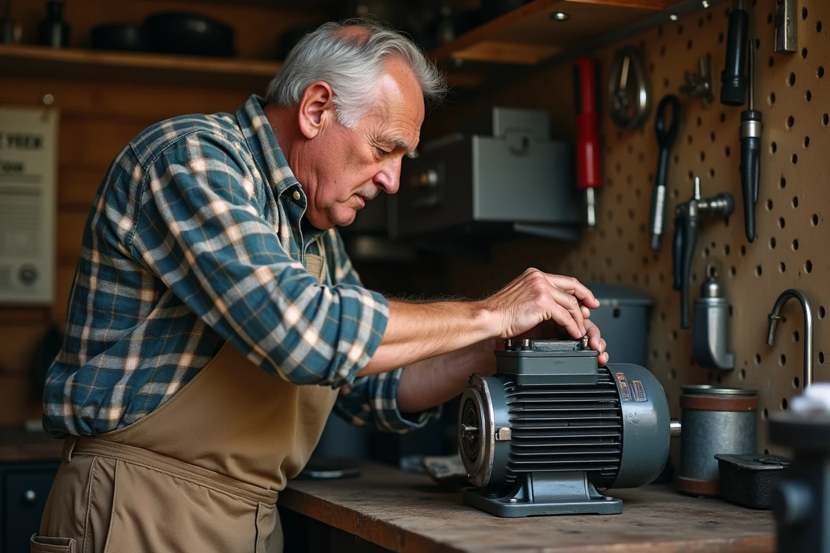 Homme d'âge moyen réparant un moteur électrique dans un atelier