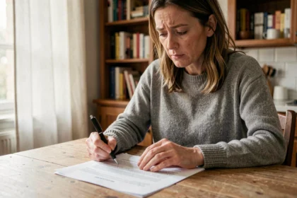 Femme consultant un contrat d'assurance voiture à résilier à son domicile