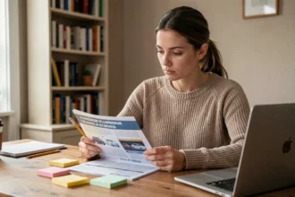 Femme adulte révisant le code de la route avec un livret officiel et des notes sur un bureau en bois à domicile