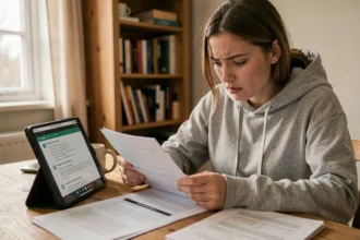 Jeune femme révisant les questions du permis de conduire sur une tablette et des documents imprimés à son bureau