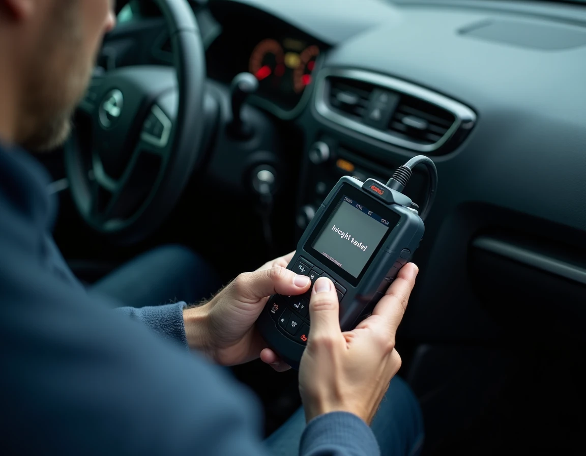Scanner OBD2 branché sur le port diagnostic d'une Renault Clio 5 affichant un code défaut injection