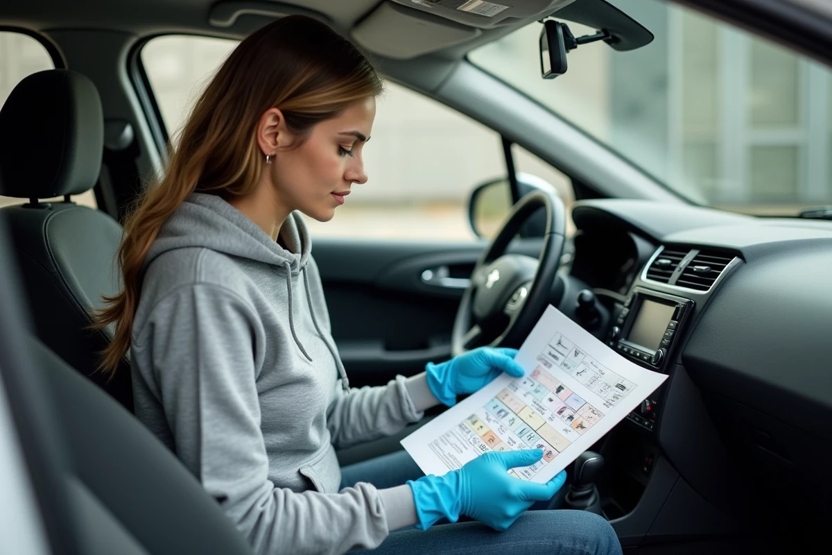 Jeune femme consultant un schéma de branchement autoradio Peugeot lors d'une installation DIY