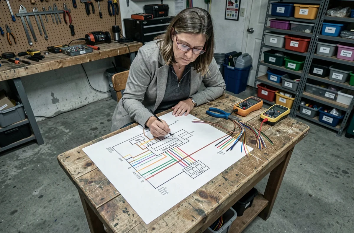Femme examinant un schéma électrique de connecteur remorque 7 broches sur un établi d'atelier