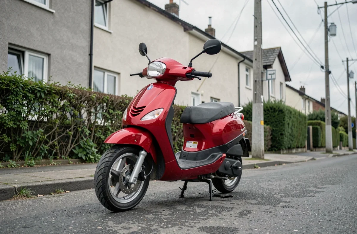 Scooter 50cc rouge garé sur un trottoir de banlieue résidentielle illustrant l'assurance deux-roues