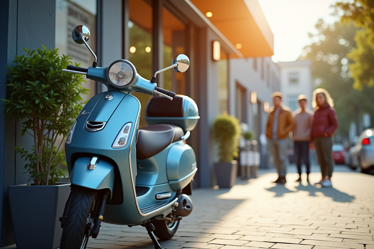 Scooter garé devant centre de contrôle avec panneau tarifaire