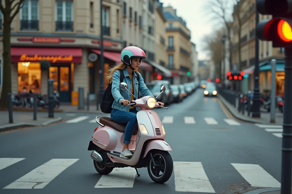 Femme en scooter face à un feu orange dans une rue parisienne, illustration du comportement des deux-roues motorisés aux feux de signalisation
