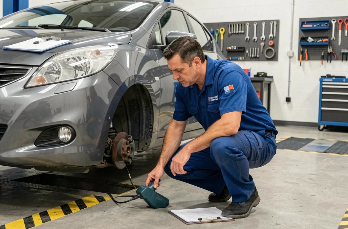 Technicien de Sécuritest Auto-Bilan 85 inspectant le dessous d'un véhicule dans un centre de contrôle technique en Vendée