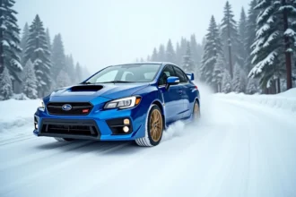 Subaru WRX STI bleue sur route enneigée en montagne en hiver, pneus creusant des traces dans la neige fraîche