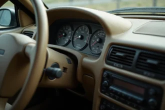 Tableau de bord intérieur d'une Renault Clio II d'occasion vue depuis le siège conducteur, montrant le compteur kilométrique et les commandes usées