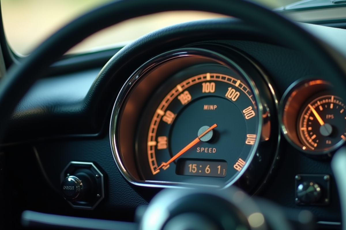 Tableau de bord de voiture américaine classique avec compteur en focus