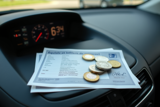 Tableau de bord voiture avec carte grise et pièces d'euros