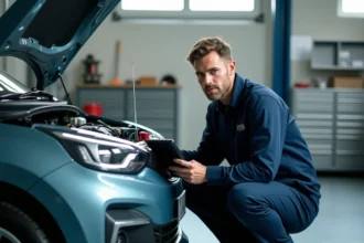 Technicien automobile examinant le moteur d'une Renault Clio 5 dans un garage professionnel avec tablette de diagnostic