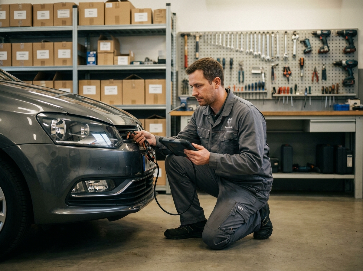 Technicien automobile inspectant les feux et le câblage d'une Volkswagen Polo 5 dans un atelier de garage professionnel