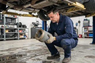 Technicien automobile inspectant un filtre à particules diesel encrassé dans un atelier de mécanique professionnelle