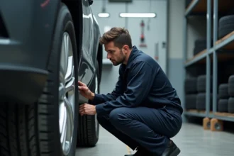 Technicien automobile inspectant les marquages d'indice de vitesse sur un pneu dans un atelier professionnel