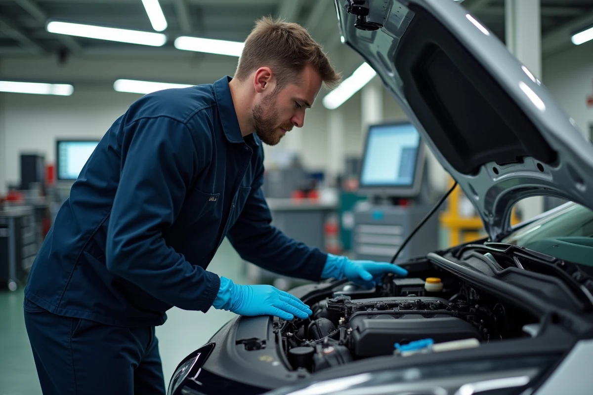 Technicien automobile inspectant le moteur hybride d'une Renault Clio dans un atelier de réparation