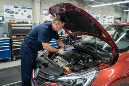 Technicien automobile inspectant le compartiment moteur d'une Renault Captur rouge dans un garage professionnel