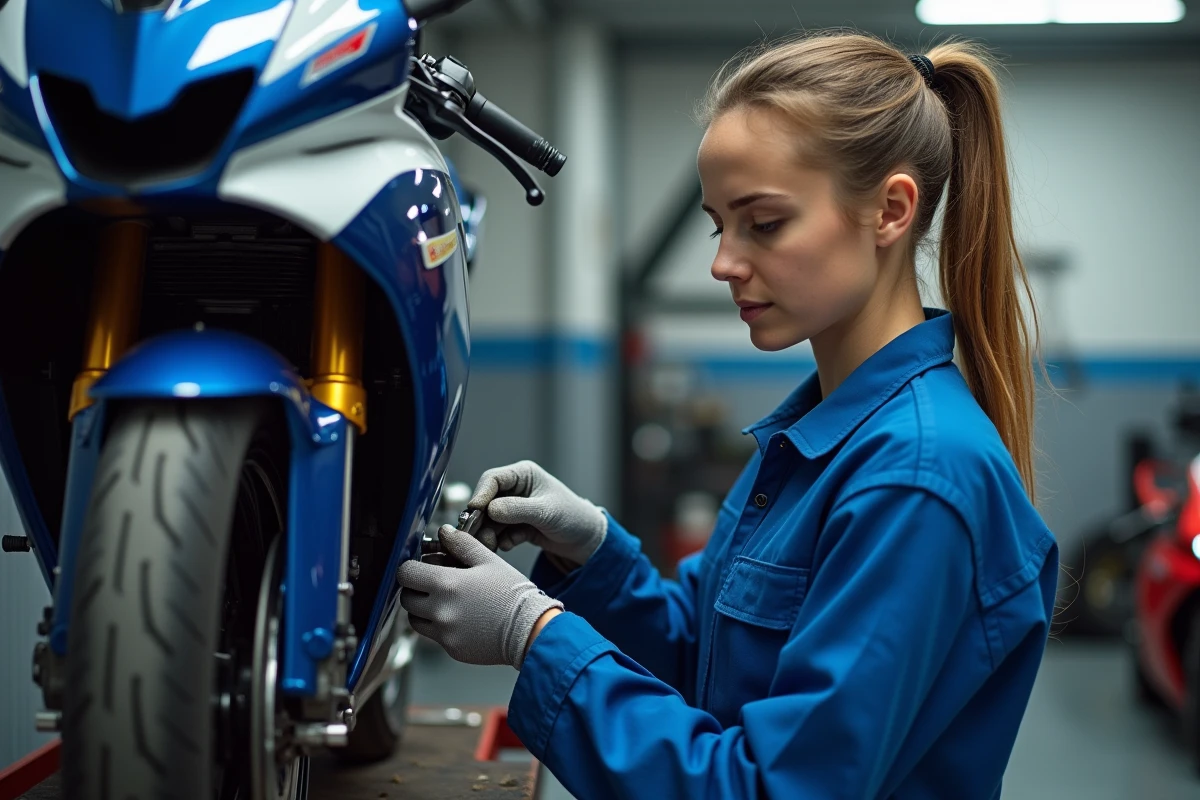 Jeune technicienne inspectant une moto dans un atelier