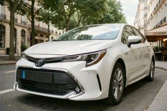 Toyota Corolla hybride blanche garée dans une rue urbaine européenne, vue en angle 3/4 avant mettant en valeur ses lignes aérodynamiques