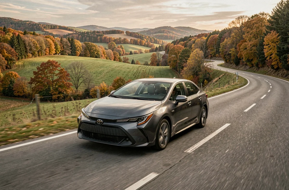 Toyota Corolla hybride gris métallisé en mouvement sur une route de campagne sinueuse entourée de collines aux couleurs automnales
