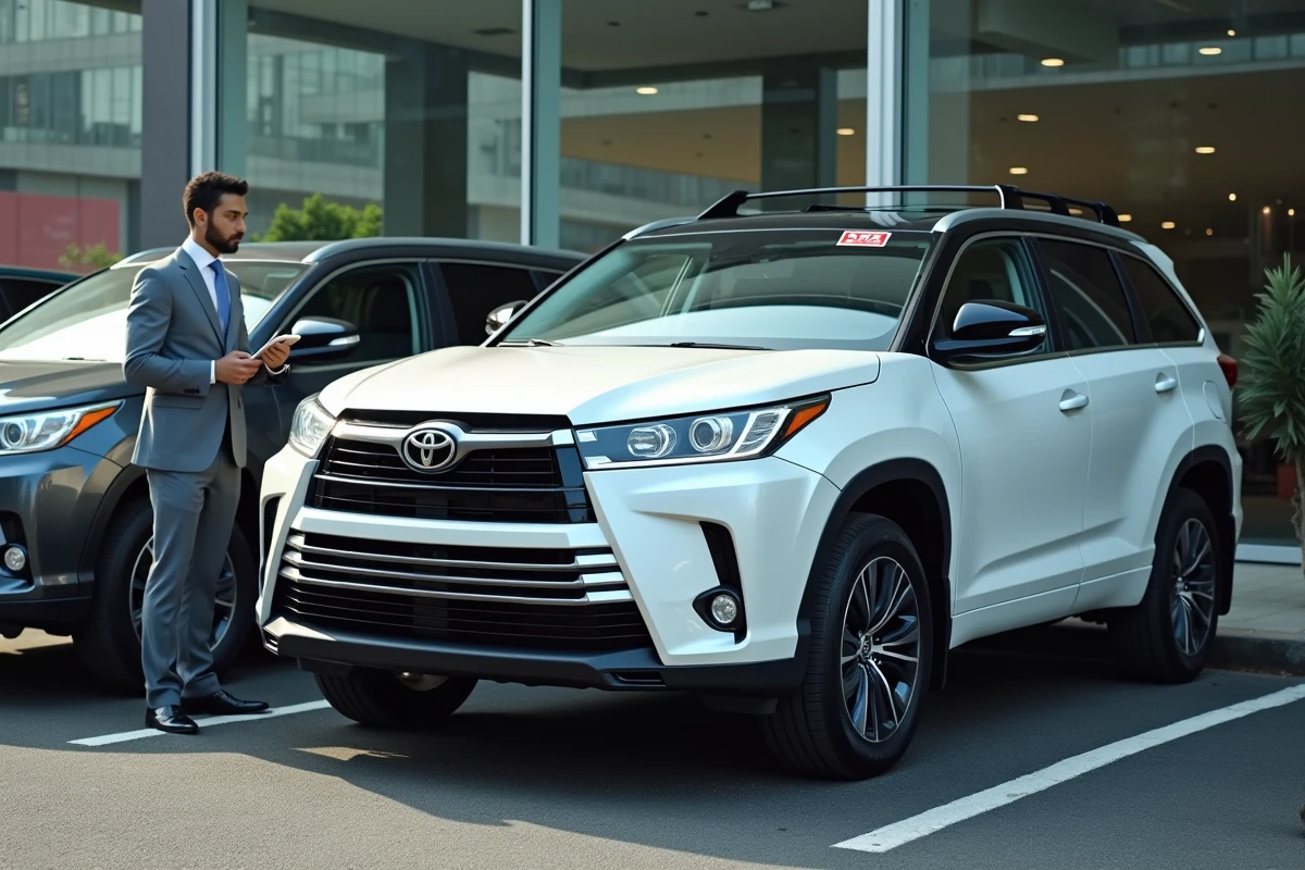 Toyota SUV blanc dans un lot de concessionnaire urbain avec un vendeur en costume gris tenant une tablette devant la façade vitrée