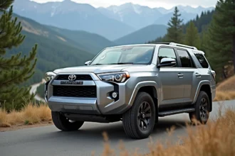 Toyota SUV argenté garé sur un belvédère de montagne entouré de pins, vue 3/4 avant avec paysage de vallée boisée en arrière-plan
