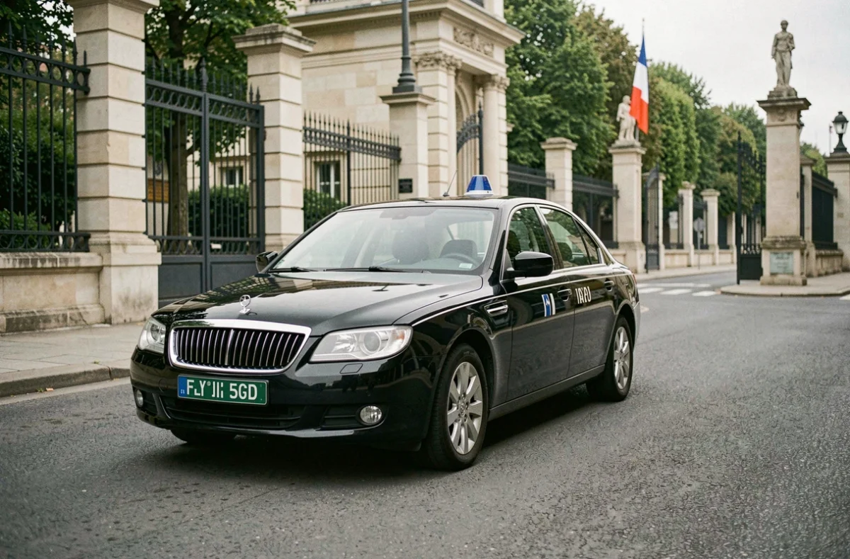 Véhicule officiel militaire avec plaque verte franchissant les grilles d'un bâtiment gouvernemental français