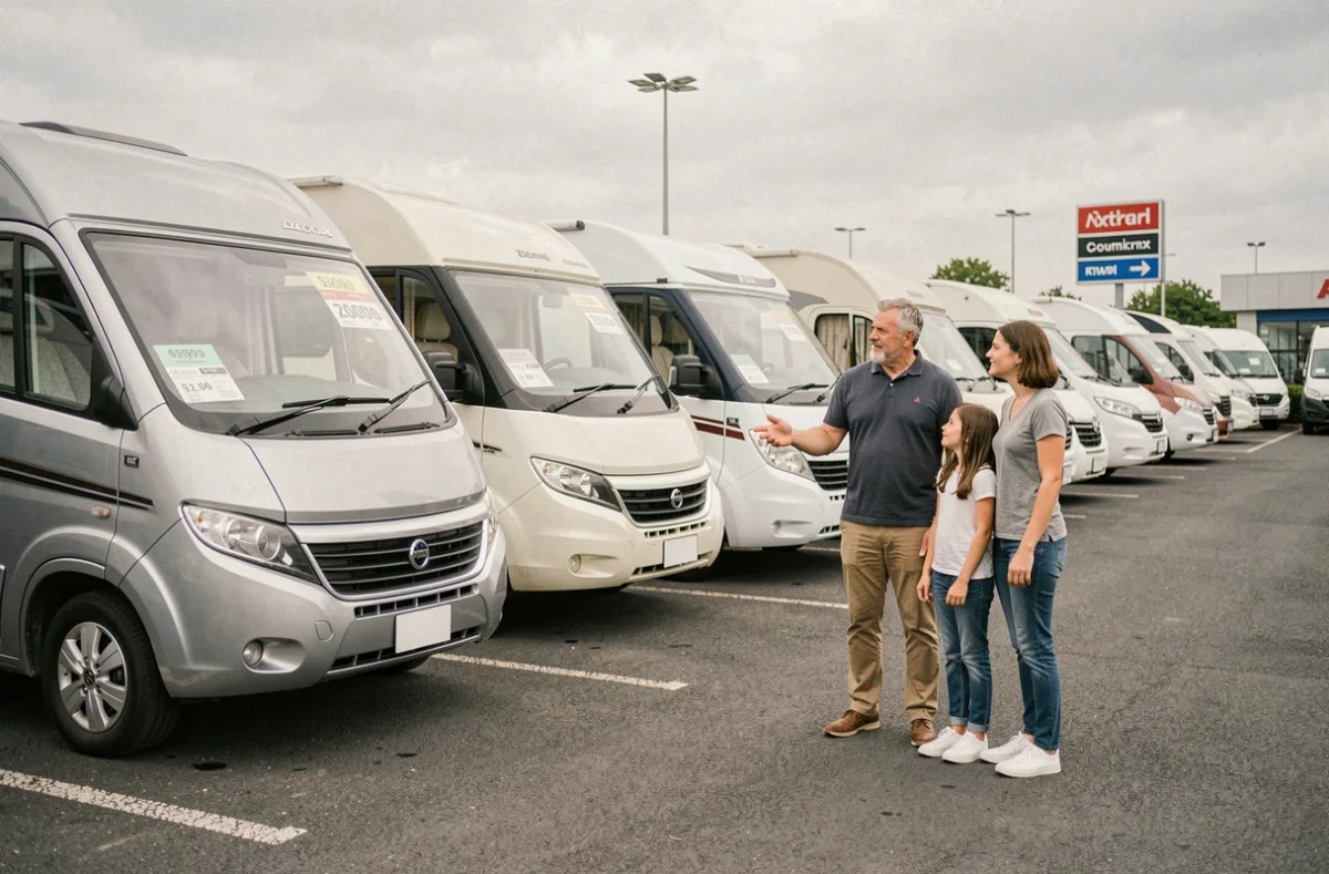 Vendeur présentant des caravanes haut de gamme d'occasion à une famille dans un espace de vente