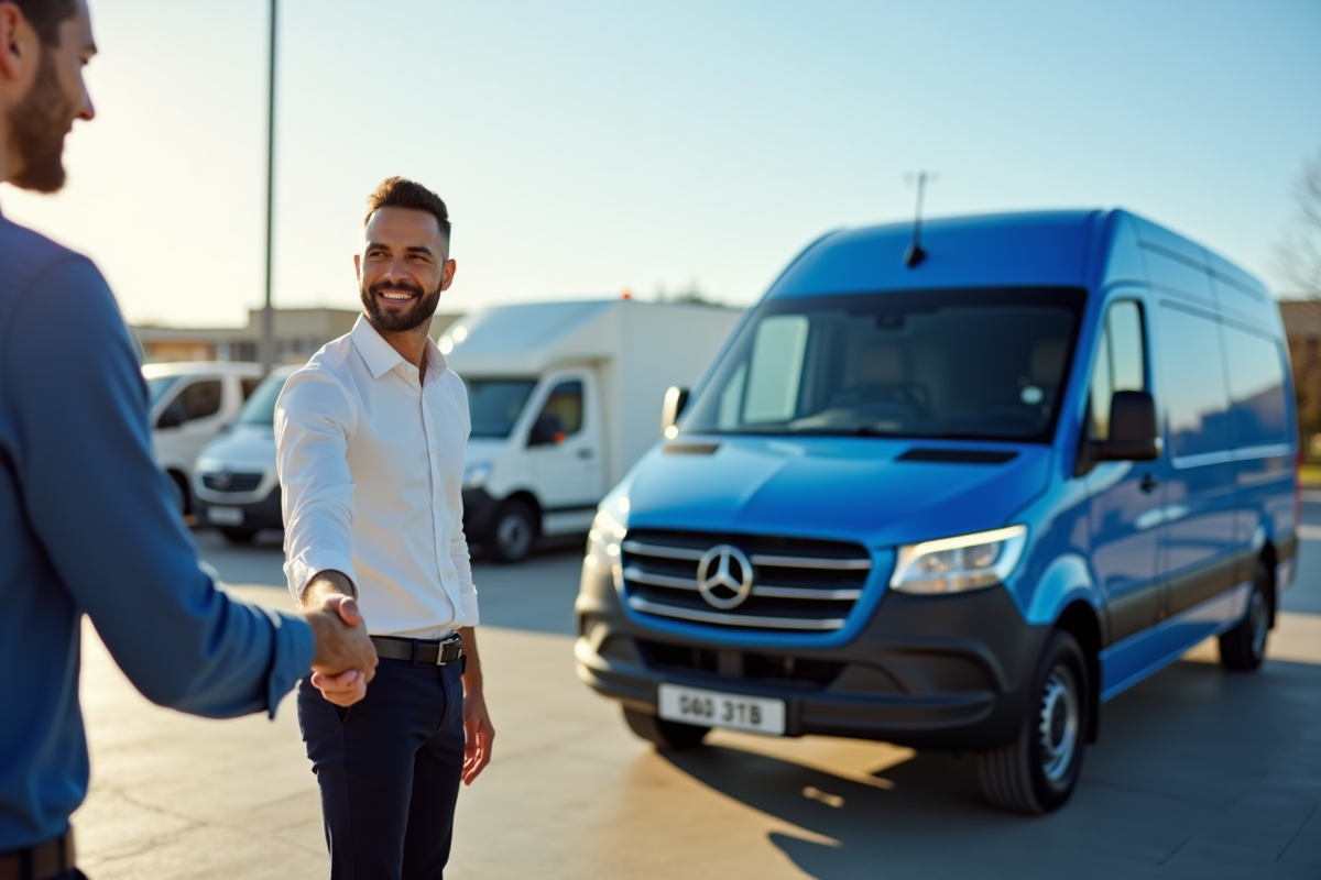 Personne souriante serrant la main du vendeur devant une camionnette bleue
