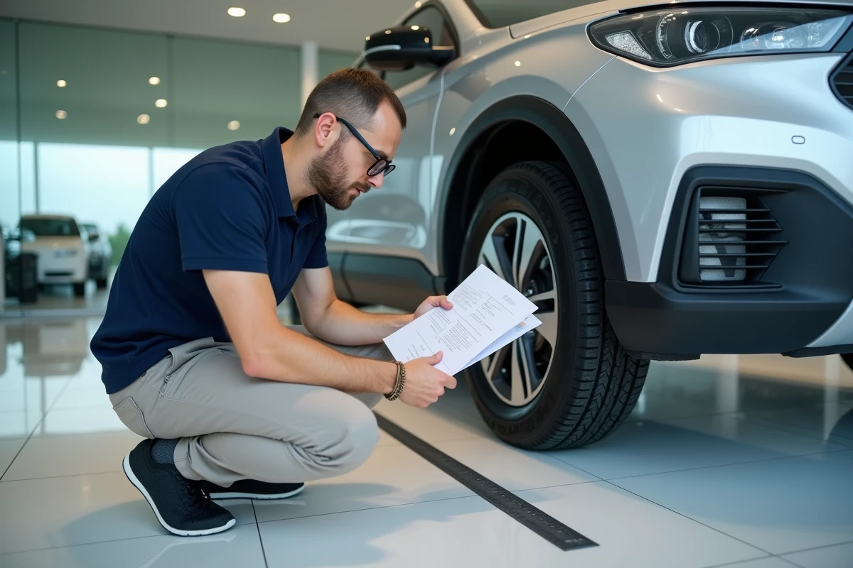 Homme vérifiant les dimensions d'un SUV avec un plan technique avant achat dans une salle d'exposition automobile