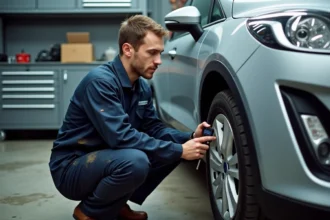 Mécanicien vérifiant la pression des pneus d'une Ford Fiesta avec un manomètre numérique dans un atelier automobile