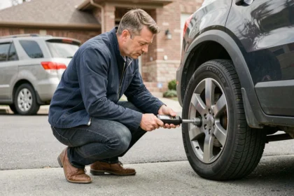 Un père de famille vérifie la pression des pneus avec un gonfleur numérique avant un long trajet en voiture familiale