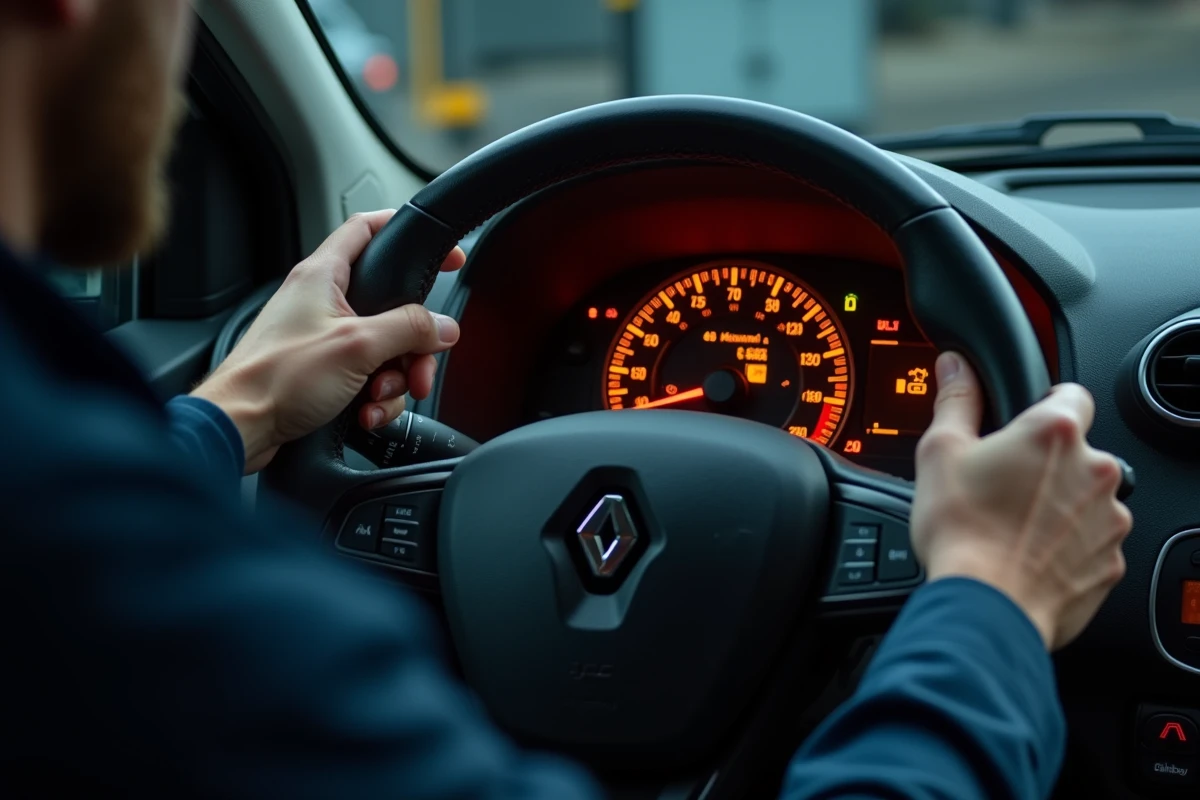Mécanicien inspectant les voyants du tableau de bord d'une Clio II lors d'un contrôle avant achat en garage