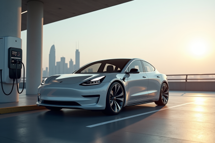 Voiture électrique moderne au station de charge sous un ciel ensoleille