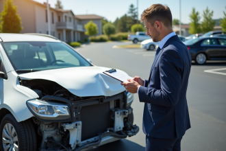 Voiture endommagée inspectée par un agent d'assurance en plein jour