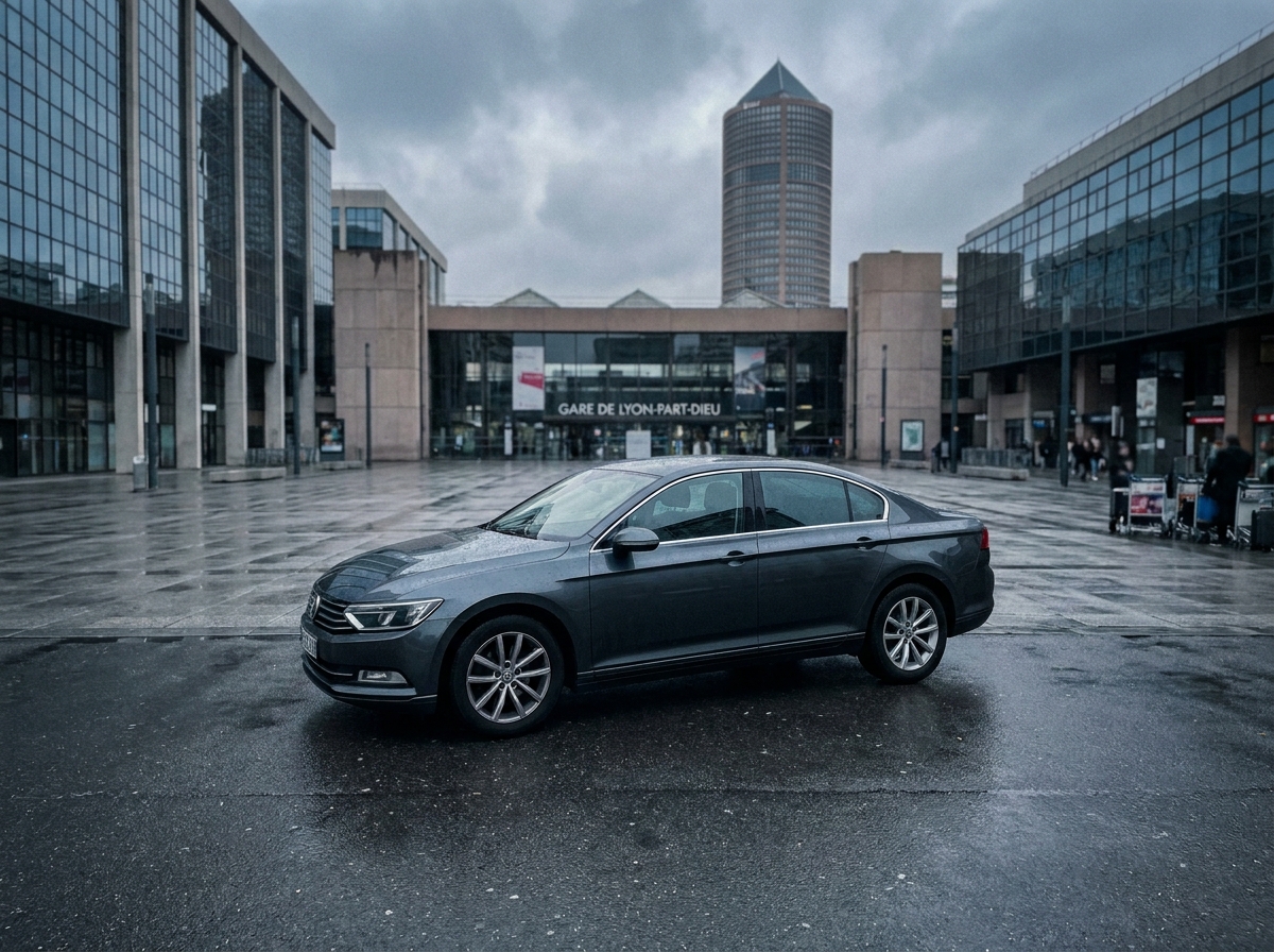 Voiture de location garée devant la gare de la Part-Dieu à Lyon avec la tour du Crayon en arrière-plan