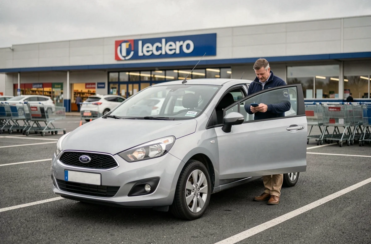 Voiture de location compacte garée devant un hypermarché Leclerc