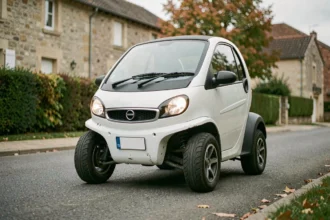 Petite voiture sans permis blanche garée dans une rue résidentielle française