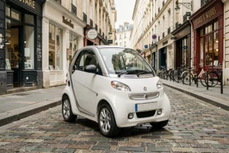 Voiture sans permis une place garée dans une rue pavée d'une ville française