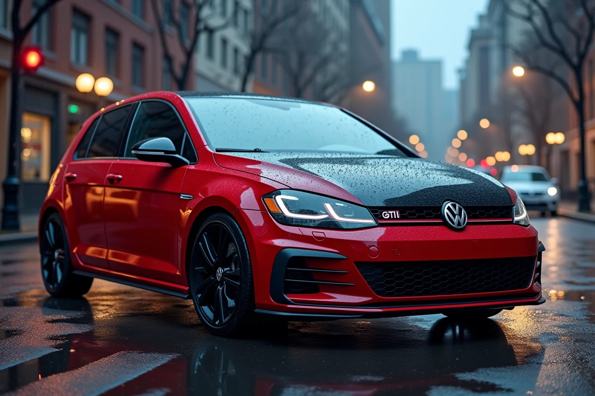 Volkswagen Golf 7 GTI rouge garée en ville sous la pluie, vue 3/4 avant mettant en valeur sa calandre rouge et ses sorties d'échappement doubles