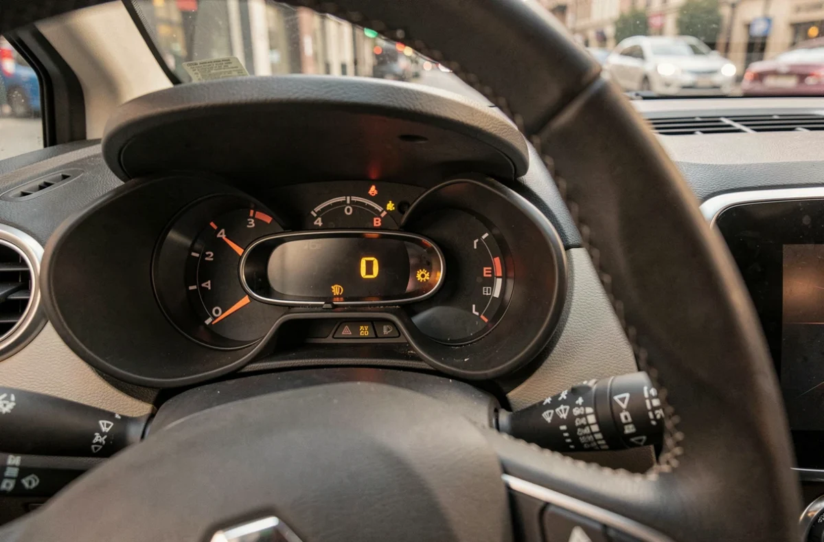 Voyant d'alerte orange allumé sur le tableau de bord d'une Renault Captur en circulation